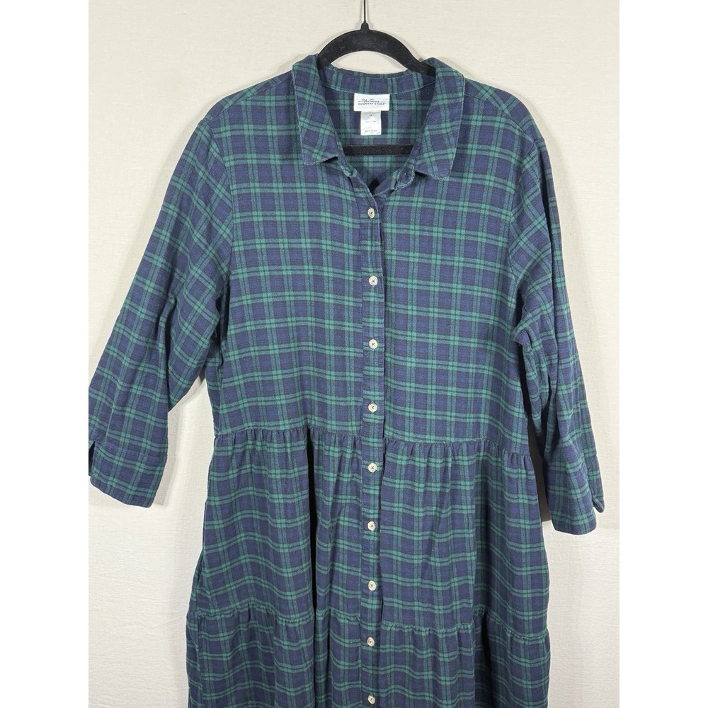 Vermont Country Store 1X Plaid Flannel Shirt Dress Cotton Tiered Pockets Blue - Picture 4 of 13